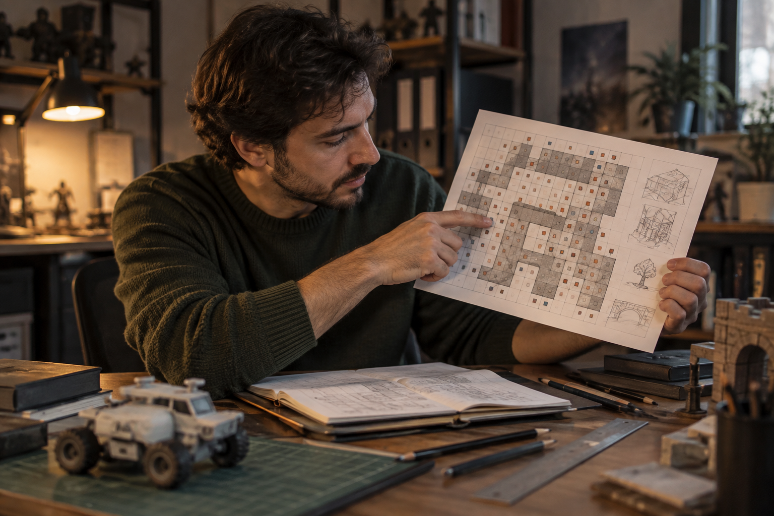 Investigador a nivel de ojos analizando un plano impreso de spawn/level design en una oficina con luz cálida.