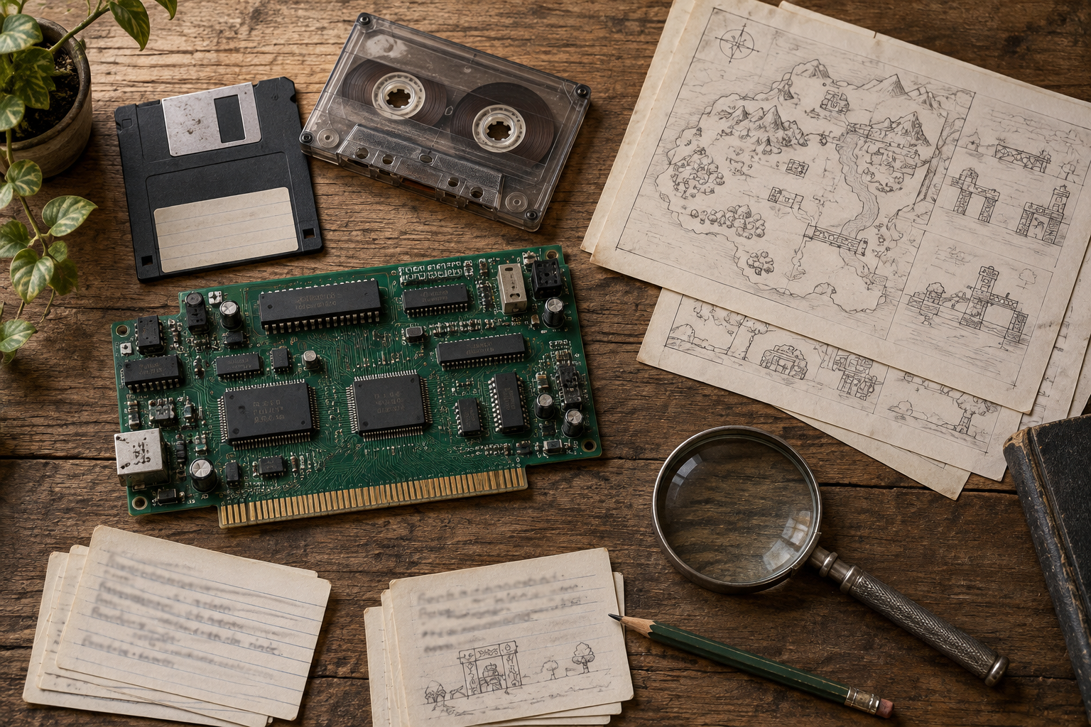 Vista cenital de objetos de preservación: PCB retro, disquete, planos de nivel y tarjetas de archivo sobre mesa.