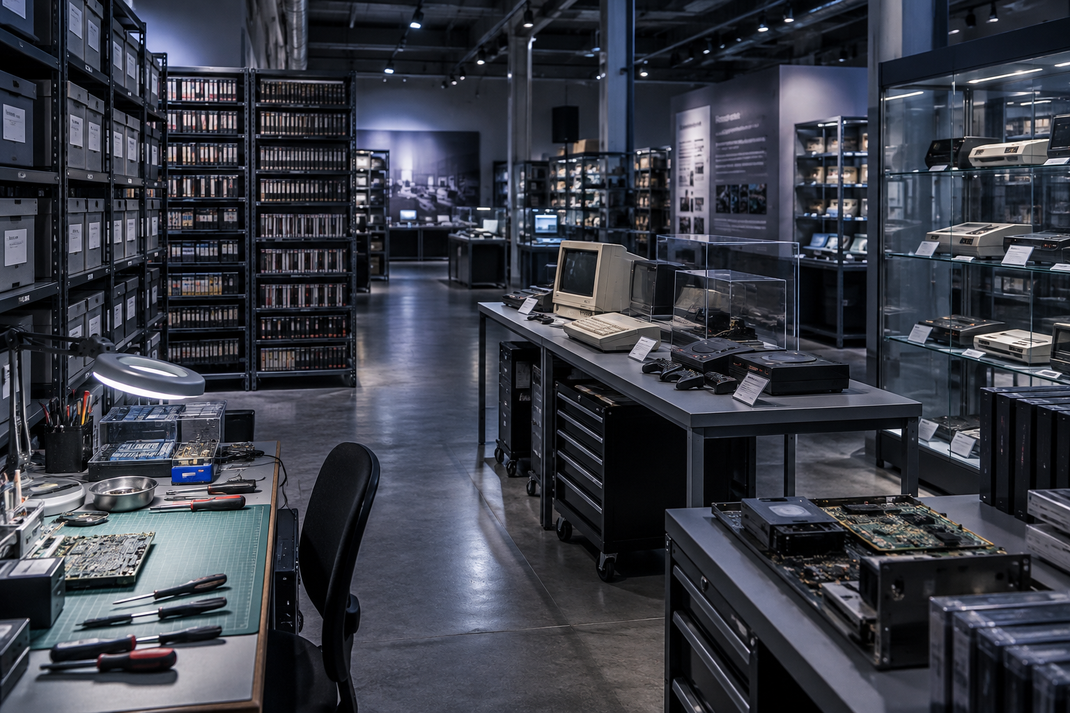 Taller amplio de preservación con estanterías de cajas de archivo, racks de medios y consolas apagadas en un ambiente tipo museo.